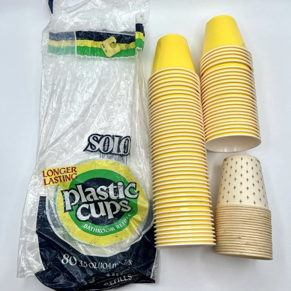 Vintage 80s Solo Bathroom Refill Cups Retro Yellow 3.5 oz & Paper Dixie Cups
